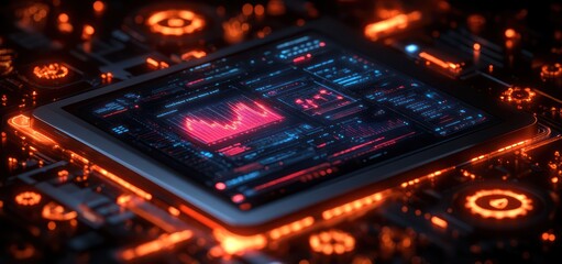 Fototapeta premium A sleek banner with a tablet displaying a business plan, surrounded by holographic icons of charts, gears, and handshakes, symbolizing growth and teamwork.