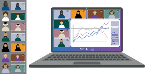 Video call conference, working from home. Colleagues of different nationalities and ages talk to each other on the laptop screen. Isolated illustration on white background in flat style trendy colors