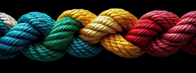 Close-up of colorful ropes tied together in knot, symbolizing unity and connection between people, The concept,we can bring different individuals or groups together to form one strong team for success