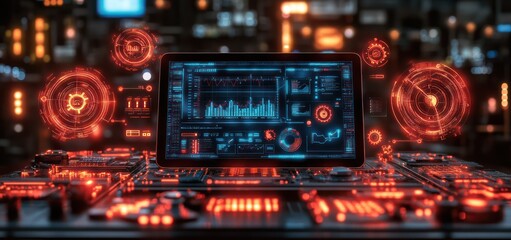 Obraz premium A sleek banner with a tablet displaying a business plan, surrounded by holographic icons of charts, gears, and handshakes, symbolizing growth and teamwork.