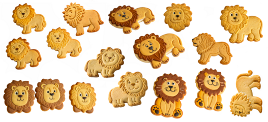 Set of lion shaped cookies isolated on a transparent background. The concept of delicious and sweet cookies.