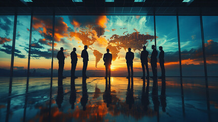 Global partnership, Business leaders strategizing in modern office with digital world map backdrop