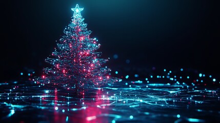 Futuristic electronic christmas tree with glowing circuit board lights, modern tech holiday design