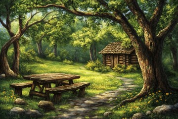Rustic Log Cabin Surrounded by Green Trees and Picnic Table in Forest Glade