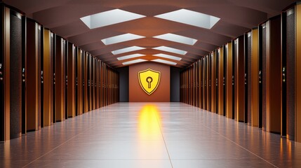 Fototapeta premium A futuristic server room with a glowing security shield symbolizing advanced data protection in a digital space.