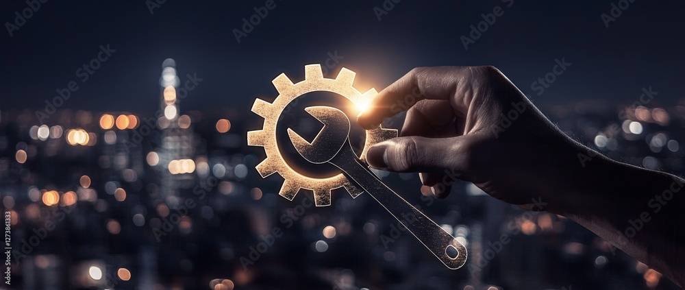Poster on a virtual interface, a businessman engages with a technical support icon and internet technology,