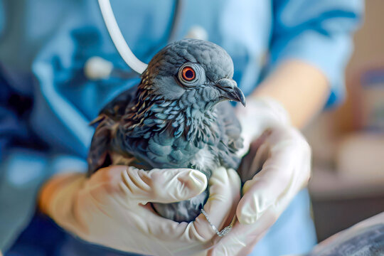 Veterinarian holding an injured pigeon in gloved hands, providing medical care in a clinic, animal rescue and rehabilitation