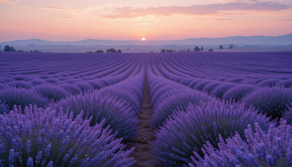 Fototapeta premium Endless Lavender Fields in Full Bloom at Sunset, Purple Flowers Stretching into the Distance with a Pastel Sky for a Calm and Tranquil View
