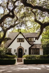 Obraz premium A stunning white house stands gracefully amidst a vibrant landscape of lush greenery and towering trees, nestled in a peaceful neighborhood bathed in daylight