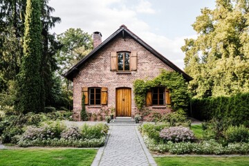 Obraz premium A delightful brick house featuring picturesque wooden shutters is gracefully nestled among a vibrant garden path, basking in the warmth of a sunny afternoon