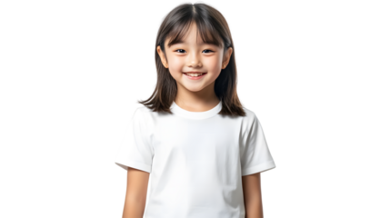 Portrait of a happy beautiful korean kid girl, with short haired bang style, wearing a white T-shirt, front view, mockup concept.