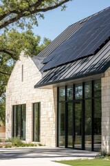 A contemporary architectural masterpiece showcasing sustainable design principles, complete with solar panels, is nestled on a picturesque rural property, all under a bright, clear blue sky