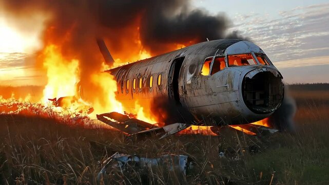 In a field, a passenger plane crashed and caught flames.