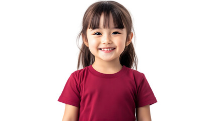 Portrait of a happy beautiful korean kid girl, with short haired bang style, wearing a red T-shirt, front view, mockup concept.