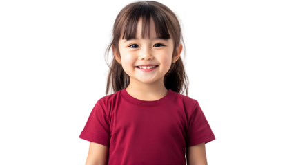 Portrait of a happy beautiful korean kid girl, with short haired bang style, wearing a red T-shirt, front view, mockup concept.