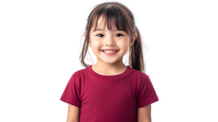 Portrait of a happy beautiful korean kid girl, with short haired bang style, wearing a red T-shirt, front view, mockup concept.