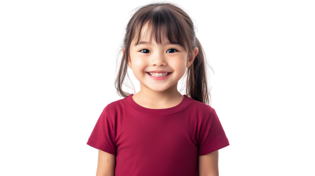 Portrait of a happy beautiful korean kid girl, with short haired bang style, wearing a red T-shirt, front view, mockup concept.