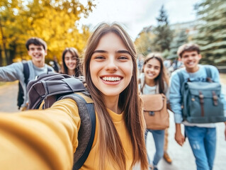 Obraz premium group of friends in parkportrait of happy smiling group of teenagers high school, boys and girls with bags hanging out in park nature street outside take selfie shot picture photo having fun