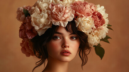 Elegant woman adorned with peonies, showcasing natural beauty and floral arrangement artistry