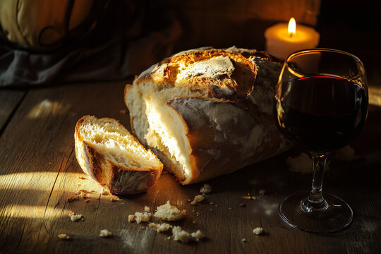 Rustic Artisan Bread Loaf with Red Wine and Candle | Fresh Broken Homemade Bread in Dark Moody Lighting | Good Friday Communion Still Life