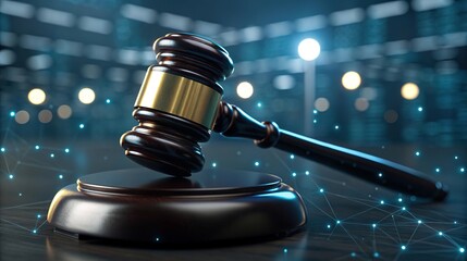 Digital Justice and Law Concept with Gavel - A close-up of a gavel placed on a virtual background, symbolizing justice, law, and the digital age in modern legal systems.