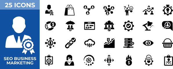 Fototapeta premium Set of Seo Business Icons. productivity, network, employee card, tactics, services and e commerce. Vector illustration