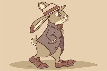  Anthropomorphic rabbit, dapper suit, fedora hat, vintage style, realistic fur texture, standing upright, brown leather shoes, whimsical character, children's book illustration, soft lighting, neutr