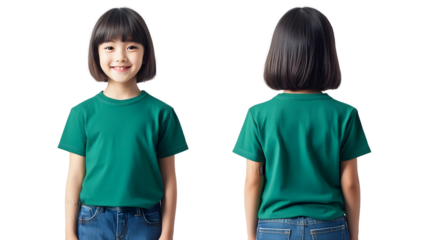 Portrait of a happy beautiful korean kid girl, with short haired bang style, wearing a green T-shirt, front and back view, mockup concept.