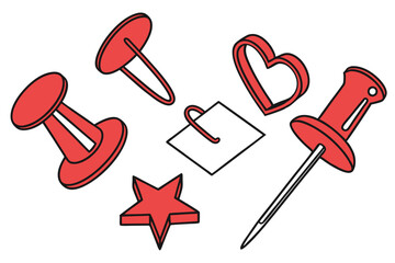  Red pushpins, various shapes, 3D rendering, glossy finish, office supplies, organization tools, bright red color, geometric forms, heart shape, star shape, triangle shape, circle shape, square shap