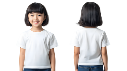 Portrait of a happy beautiful korean kid girl, with short haired bang style, wearing a white T-shirt, front and back view, mockup concept.
