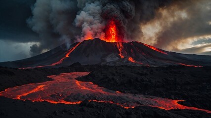 Erupting volcano with flowing lava and smoke. A powerful volcano erupts, spewing lava and thick smoke into the dark sky, with molten rivers flowing down its slopes in a fiery display. 