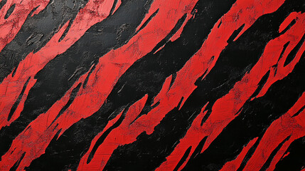 Red and black animal-inspired abstract pattern resembling tiger stripes, showcasing dynamic brush strokes, symbolizing strength, power, and energy in a fierce, bold design.