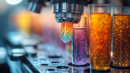 close up of microscope revealing colorful slides with vibrant liquids