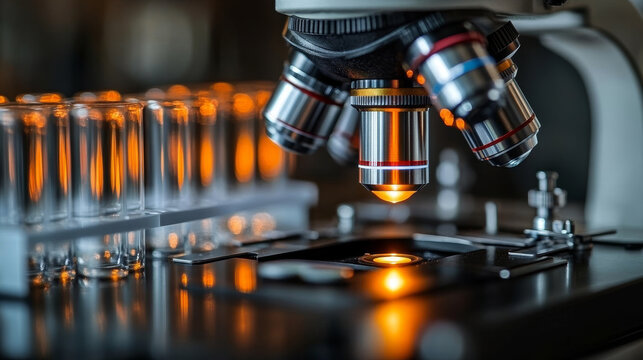 close up of microscope with colorful slides and test tubes, showcasing scientific exploration