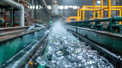 Fototapeta premium Water sprays over a conveyor belt as shards of glass move through an industrial recycling facility, highlighting the recycling process in action under bright lights.