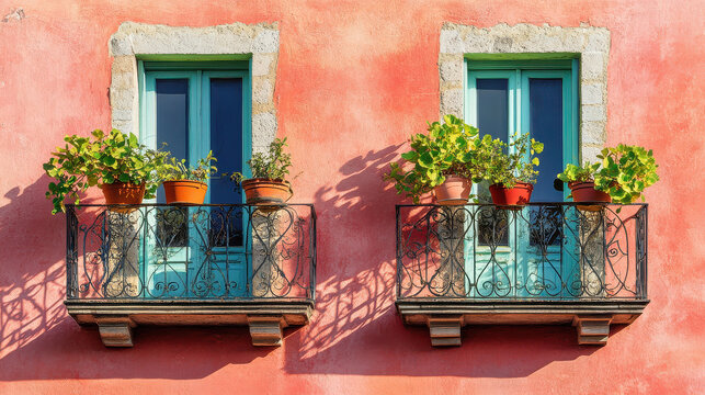 A close-up of colorful Mediterranean balconies with vivid, contrasting hues of coral pink, teal blue - Powered by Adobe