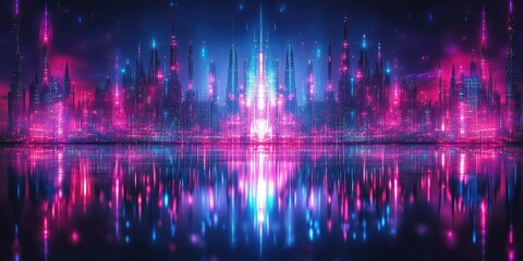 Obraz premium A breathtakingly vivid futuristic cityscape bathed in an ethereal glow of blues, pinks, and purples against a starlit night sky, where towering skyscrapers and sleek architecture intertwine to form a 
