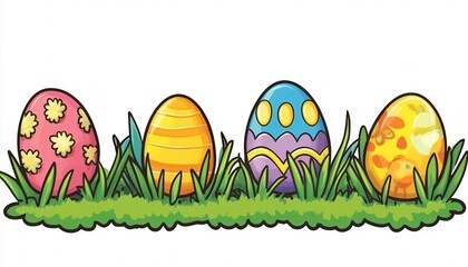 A colorful array of Easter eggs nestled in vibrant grass adorned with blooming flowers, capturing the essence of spring festivities.