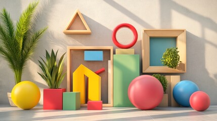 Fototapeta premium Colorful geometric shapes art display