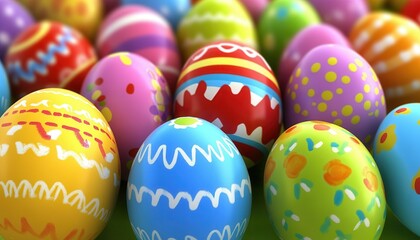 Naklejka premium A vibrant assortment of Easter eggs is stacked together, showcasing a variety of colors on a lush green background.