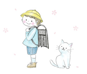 ランドセルを背負った子供と猫