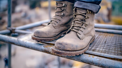 Construction worker boots resting on scaffolding at building site