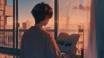 Fototapeta premium Illustration of a Young man reading a book by the window at home in the evening