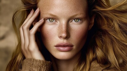 Obraz premium Close Up Portrait of a Beautiful Woman with Freckles and Auburn Hair in Soft Golden Light