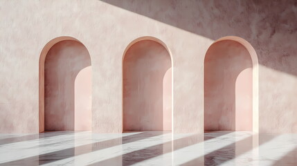 Sunlight illuminating three arches and marble floor in a pink wall