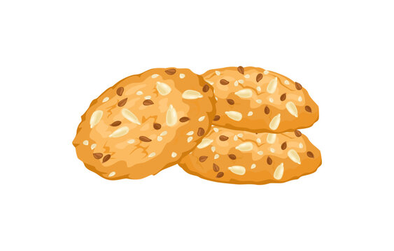 Cookies with flax, sesame and sunflower seeds isolated on white background. Vector cartoon flat illustration.