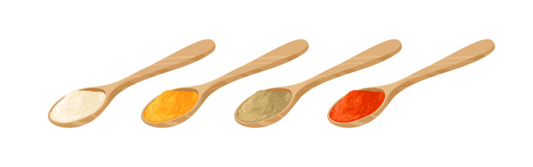 Set of wooden spoons with various powder spices. Vector cartoon flat illustration of curry, ginger, paprika and cumin ground.