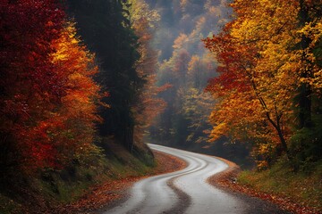 Obraz premium Beautiful winding road through colorful autumn forest in misty weather