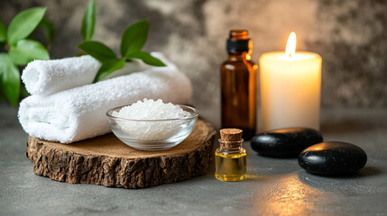 Elegant spa arrangement featuring towels, salts, oils, candle and stones for relaxation