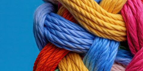 Interwoven Chunky Yarn Strands in Blue, Orange, Yellow, and Pink